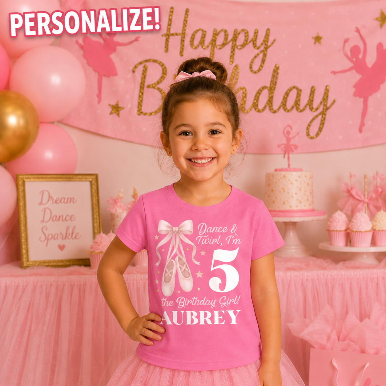 Ballerina Birthday Personalized Dark Pink T-shirt